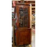 Corner cupboard, executed in the Gothic Revival Taste, having a molded top, above a glazed door,