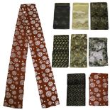 (lot of 8) Japanese silk obi: patterns including gray with whirl pool; golden wave; silver