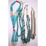 (Lot of 4) Native American multi-stone, silver and sterling silver necklaces Including 1)