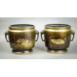 (lot of 2) Japanese pair of bronze hibachi, late 19th /early 20th century, body decorated with