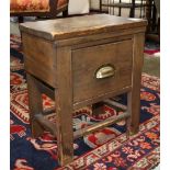 Primitive bench, the rectangular top over the one drawer case, rising on a straight legs joined by a