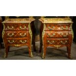 (lot of 2) Louis XV style commodes, each having a shaped marble top, above the three drawer inlaid