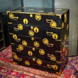 Japanese tansu chest, black lacquered on kiri wood, five drawers with locks, decorated with