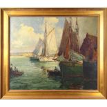 George Thompson Pritchard (American, 1878-1962), Sailing Boats coming into Dock, oil on canvas,