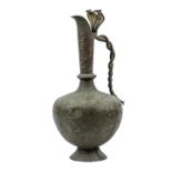 Persian bronze ewer, of a tapering spherical form and having a long neck, with applied double