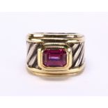 David Yurman garnet, sterling silver and 14k yellow gold ring Featuring (1) emerald-cut garnet,