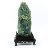 Chinese soapstone carving, the seagreen matrix featuring Budai and luohan in the mountain, with wood