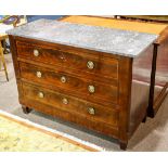 Continental inlaid commode, 19th century, having a rectangular marble top, above the three drawer