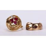 (Lot of 2) Ruby, diamond, garnet and yellow gold rings Including 1) ring, featuring (3) marquise-cut