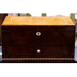 Burlwood and inlaid jewelry box, the hinged top opening to a fitted interior, over the one drawer