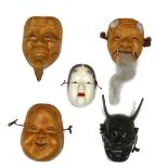 (lot of 5) Japanese noh masks, consisting of four wooden masks including Otafuku, Hannya, Okina