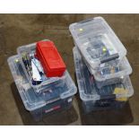 (lot of 5 bins) Assorted tool group, including sanding materials, drill bits, screwdrivers, hammers,