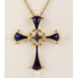 Sapphire, diamond, cultured pearl, enamel and 14k yellow gold cross pendant-necklace Designed as a