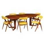 (lot of 7) Danish Modern dining suite, executed in teak, the oval table with two 19.5" leaves and