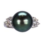 Tahitian cultured pearl, diamond and 14k white gold ring Centering (1) grey Tahitian cultured pearl,