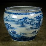Chinese large underglaze blue-and-white fish bowl, the interior featuring fish and lotus, the