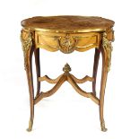 (lot of 2) Louis XV style marquetry inlaid gueridons, each having a shaped top centered with a