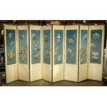 Korean eight-panel embroidered screen, featuring stylized roundels and traditional vessels on a