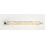 Cultured pearl, sapphire, diamond and 14k white gold bracelet Composed of (82) 6.0 mm, cultured