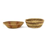 (lot of 2) Woven basket group, each with geometric accents, largest, 3.5"h x 9.5"dia