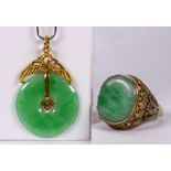 (Lot of 2) Jade, yellow gold and silver gilt jewelry Including 1) pendant, featuring (1) jadeite