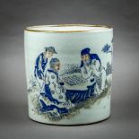 Chinese enameled porcelain brush pot, featuring two scholars playing chess depicted in shades of