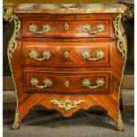Louis XV style bombe commode, having a shaped marble top, above the three drawer inlaid case, and