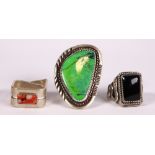 (Lot of 3) Native American black onyx, coral, verisite, sterling silver rings Including 1)