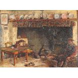 Belgian School (20th century), Interior Scene with Man by a Fireplace, 1907, oil on panel, signed