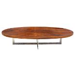 Modern rosewood low table, having an oval top above a chrome frame, 15"h x 73"w x 46"d