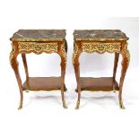 Pair of ormolu mounted Louis XV style marquetry decorated gueridons, each having a captured marble