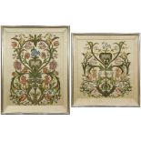 Continental silk embroidered panels circa 1860, each depicting tulip and floral sprays, accented