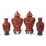 (lot of 4) Chinese cinnabar lacquer items: the first pair of vases, each with tapering cylindrical