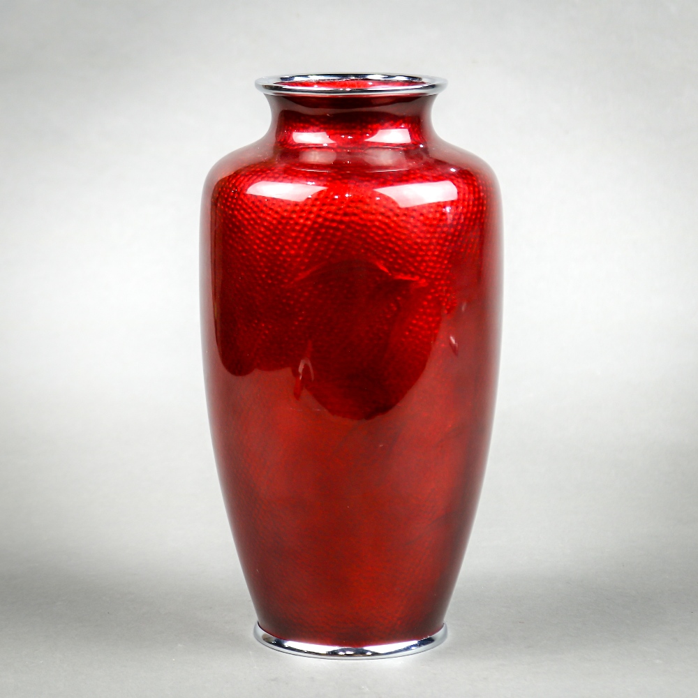 Japanese cloisonne vase, chrysanthemum and plum blossoms on red ginbari, marked "Sato" on the base - Image 2 of 5