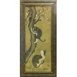 Framed Korean painting, Cats and Birds, ink and color on paper, depicting a pair of cats