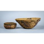 (lot of 2) Northern California coiled baskets, possibly Maidu each with feather remnants, 4"h x 9.
