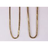 (Lot of 2) 14k yellow gold chains Including 1) 1.4 mm, 14k yellow gold, 24 inch, box link chain;