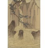 Bertha Lum (American, 1869-1954), Waterfall, 1936, woodcut in colors, pencil signed lower center,