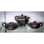 (lot of 3) Chinese zisha ceramic tea pots, one of hexagonal form; one with compressed circular body;