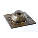 Tiffany Studios patinated bronze Zodiac inkwell, the hexagonal well with alternating figural and