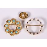 (Lot of 3) Cultured pearl, sapphire, turquoise and 14k yellow gold brooches/items Including 1)