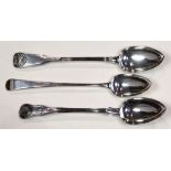 (lot of 3) English sterling silver table spoons, consisting of (2) fiddle, shell and thread