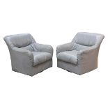 (lot of 2) Moderne grey leather club chairs, each having a swivel base, 32"h