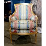 Louis XVI style gilt-wood bergere, having a straight crest rail over the upholstered back and seat