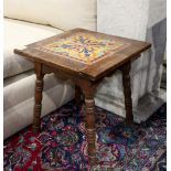 California tile top table, rising on outswept turned wood legs, 18.5"h x 18"w x 18.5"d