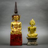 (lot of 2) Southeast Asian gilt wood Buddhas: first, sculpted in strong angles, the oval face topped
