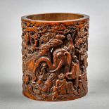 Chinese bamboo brush pot, carved and pierced with Eighteen Luohan amid gnarled pines, 5.5"h