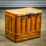 Chinese woven bamboo trunk, of rectangular form with a hinged lid, accented with metal fittings,