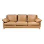 Roche Bobois leather sofa, having beige leather upholstery with loose cushions, 32"h x 90"w x 36"d