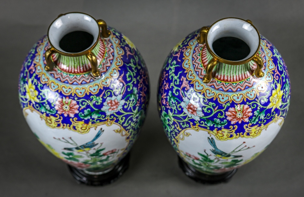 Pair of Chinese enameled metal vases, each with a short flared neck bracketed by handles, above - Image 4 of 5